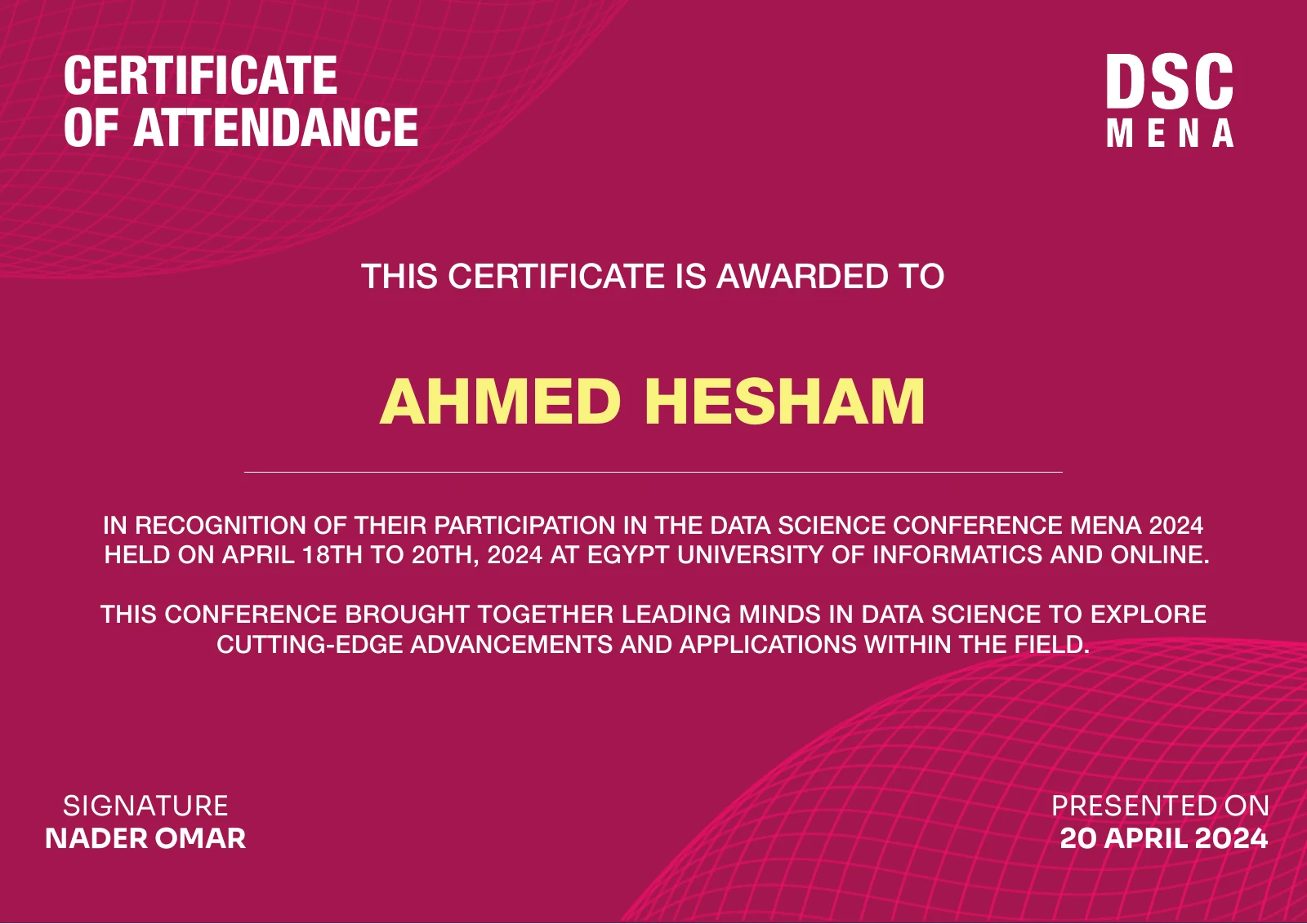 Data Science Conference MENA 2024 attendance certificate