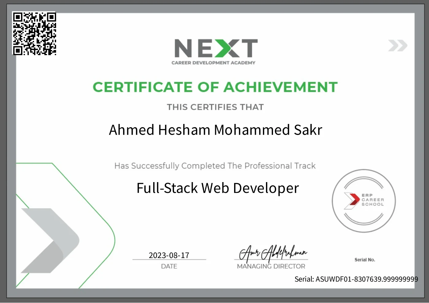 NEXT Full-Stack Web Developer certificate