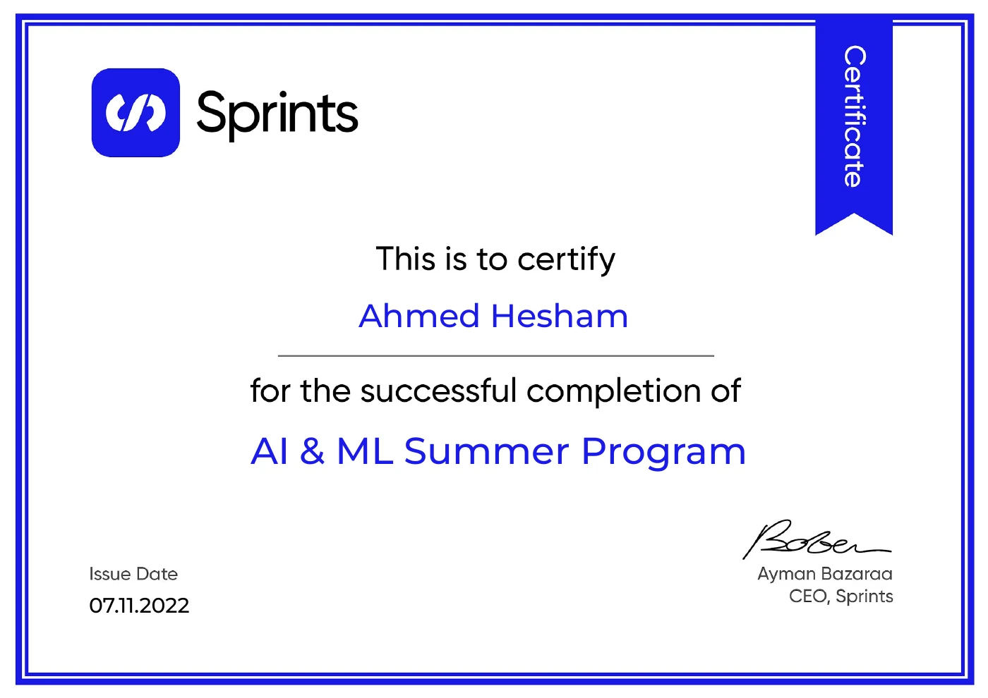 Sprints AI and ML Summer Program certificate